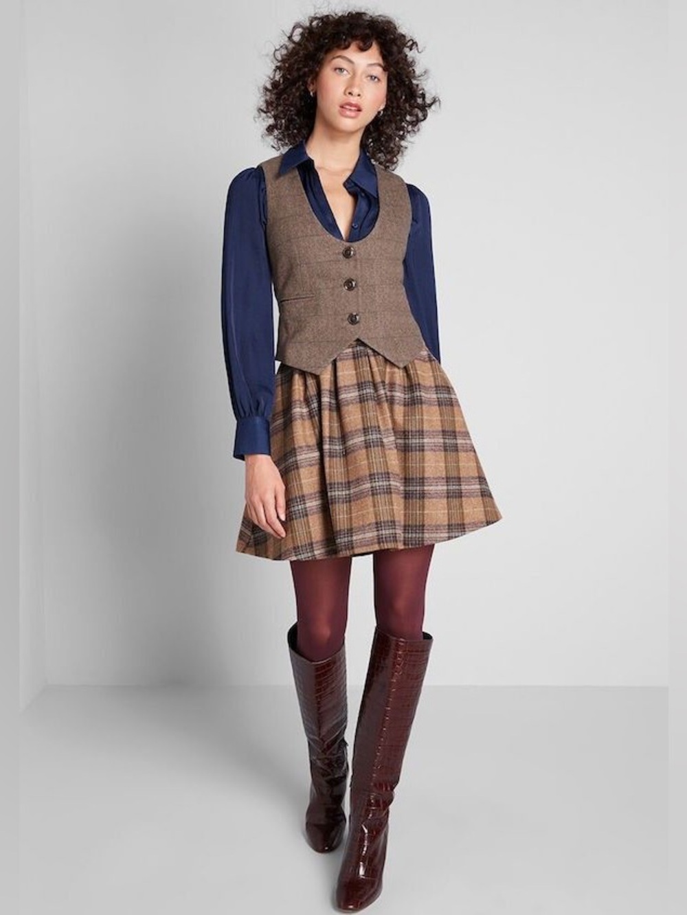 ModCloth Wool Plaid Pleated Skirt Size 8 + Herringbone Vest S 2 Piece Set